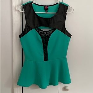 Bebe green and pleather peplum top